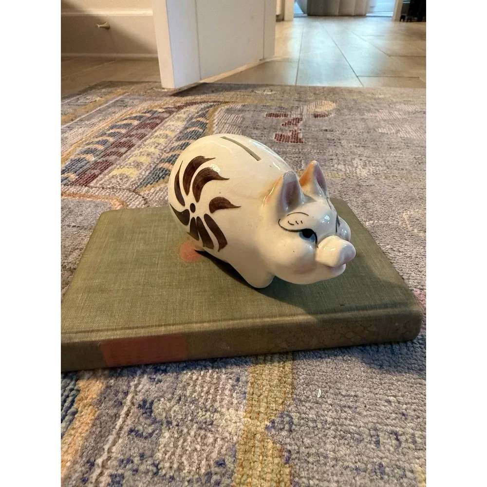 Vintage Ceramic Piggy Bank Hand Painted Pig Blue Eyes Brown Floral Mid Century